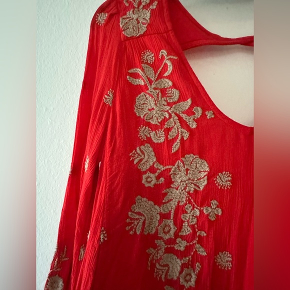Free People red long sleeve open back floral embroidery mini dress size small. - Picture 4 of 15
